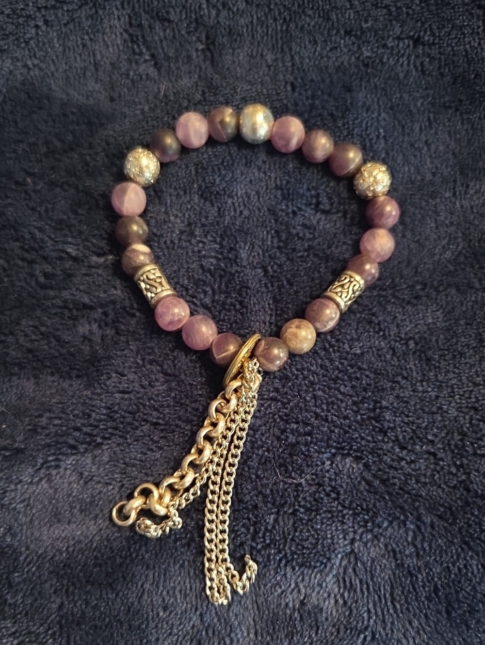Purple Beaded Tassel Bracelet with Silver Accents